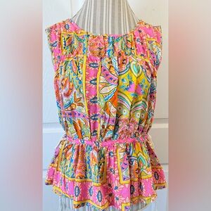 RACHEL ZOE bright pink paisley sleeveless top w drawstring waist Size Medium